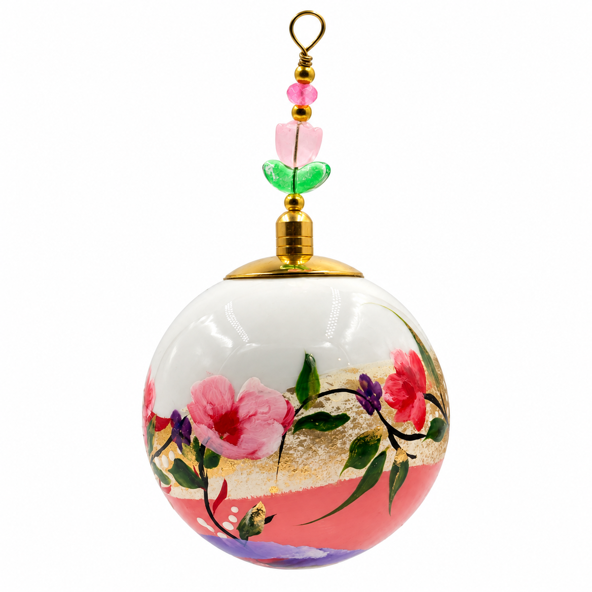 Boule de Noël en porcelaine avec perles 5 cm, fleurs roses et feuillage vert, référence 10, vue 1