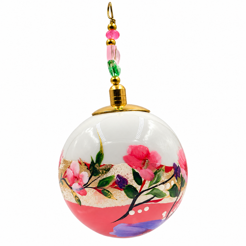 Boule de Noël en porcelaine avec perles 5 cm, fleurs roses et feuillage vert, référence 10, vue 2