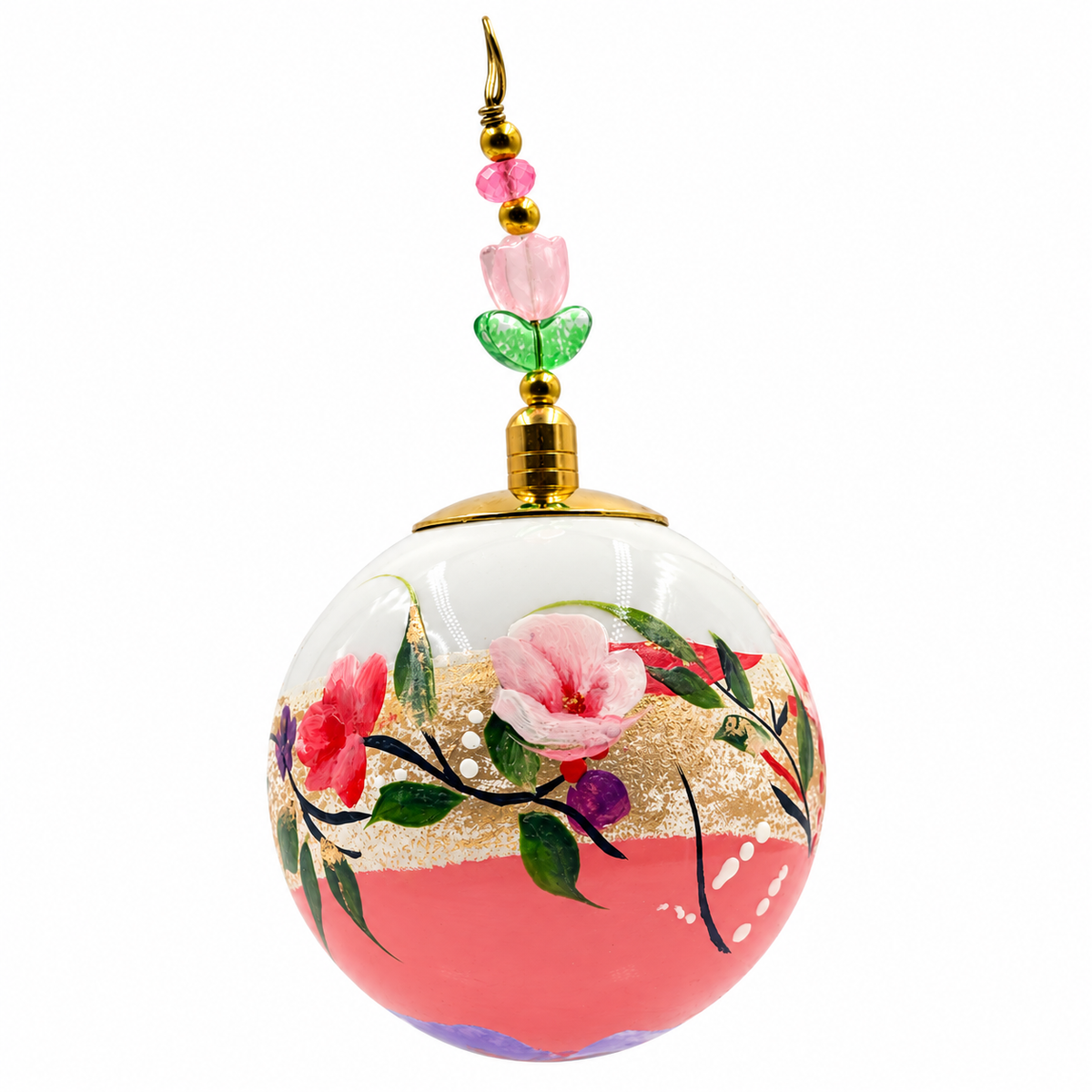 Boule de Noël en porcelaine avec perles 5 cm, fleurs roses et feuillage vert, référence 10, vue 4