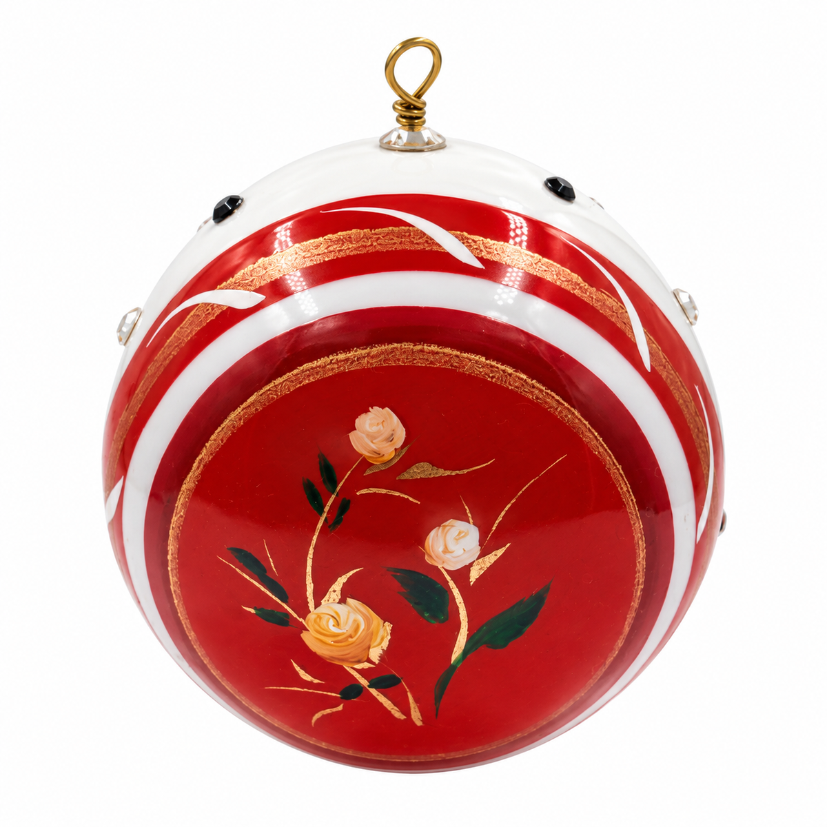 Boule de Noël en porcelaine avec perles 5 cm, rouge et blanc, strass contrastés, référence 11, vue 4