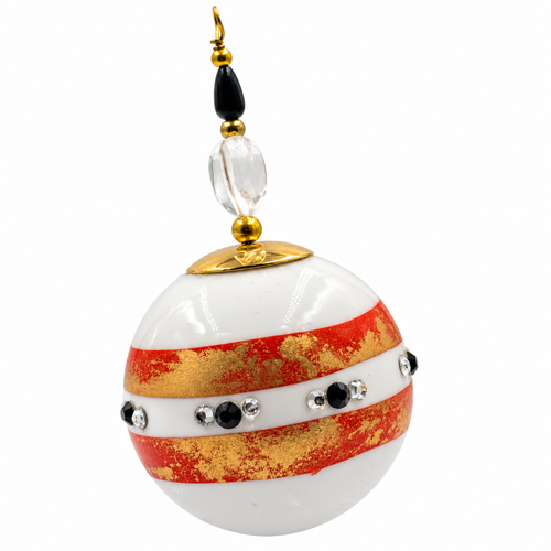 Boule de Noël en porcelaine avec perles 5 cm, bandes rouges, dorées et strass, référence 12, vue 1