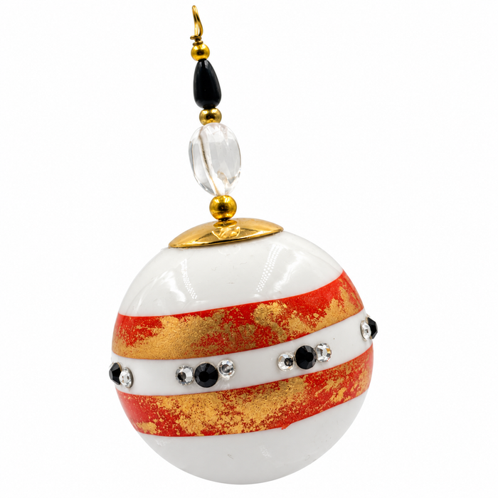 Boule de Noël avec perles 5 cm – Bandes rouges, dorées et strass – Réf. 12