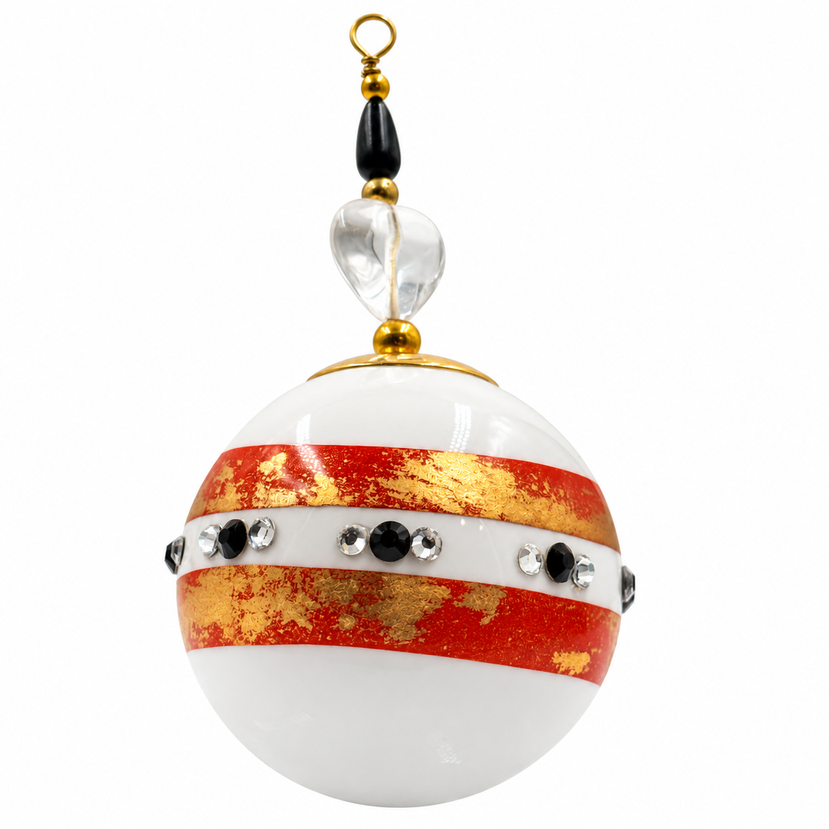 Boule de Noël en porcelaine avec perles 5 cm, bandes rouges, dorées et strass, référence 12, vue 3
