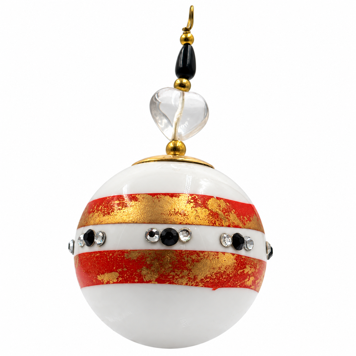 Boule de Noël en porcelaine avec perles 5 cm, bandes rouges, dorées et strass, référence 12, vue 4