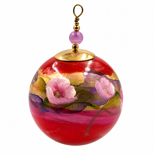Boule de Noël en porcelaine avec perles 5 cm, fleurs roses sur rouge et or, référence 13, vue 1