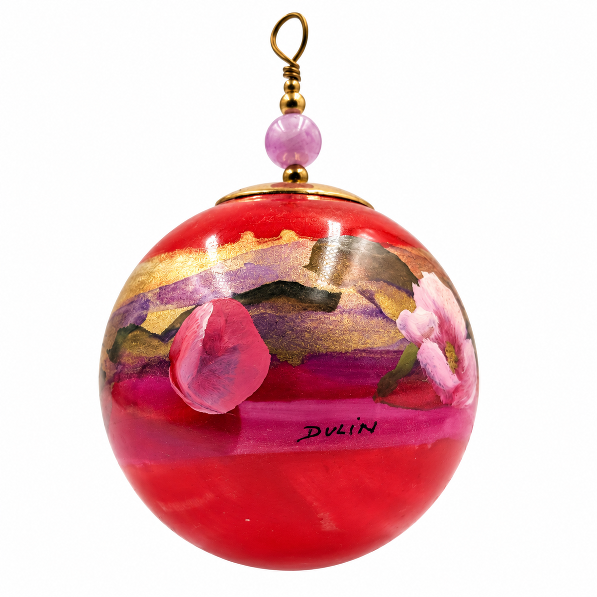 Boule de Noël en porcelaine avec perles 5 cm, fleurs roses sur rouge et or, référence 13, vue 3