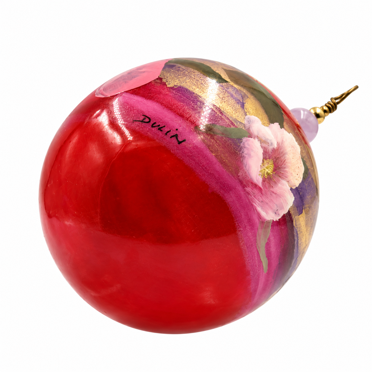 Boule de Noël en porcelaine avec perles 5 cm, fleurs roses sur rouge et or, référence 13, vue 4