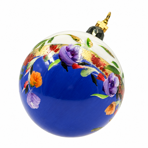Boule de Noël en porcelaine avec perles 5 cm, bouquet multicolore sur bleu, référence 14, vue 1
