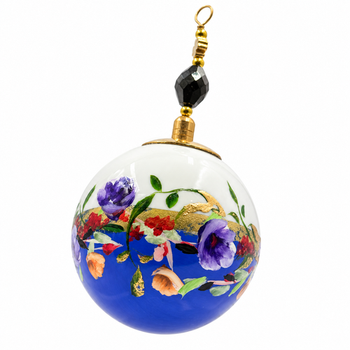 Boule de Noël en porcelaine avec perles 5 cm, bouquet multicolore sur bleu, référence 14, vue 2