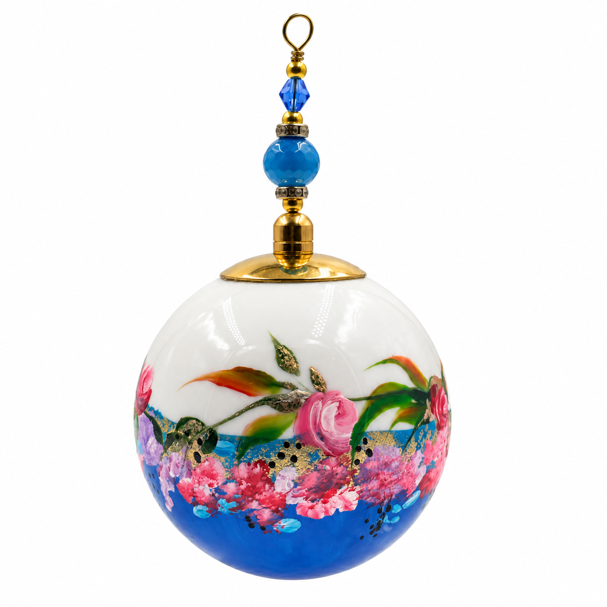 Boule de Noël en porcelaine avec perles 5 cm, guirlande de fleurs sur bleu, référence 15, vue 2