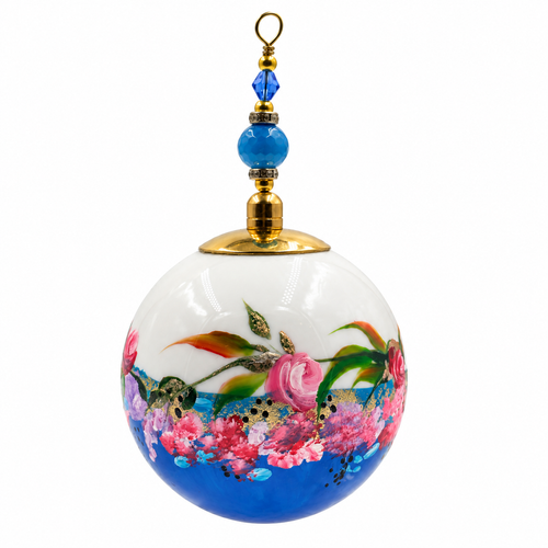 Boule de Noël en porcelaine avec perles 5 cm, guirlande de fleurs sur bleu, référence 15, vue 2