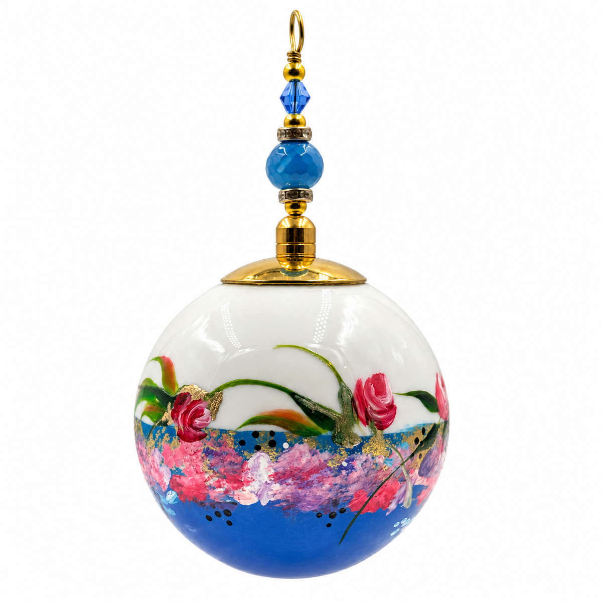 Boule de Noël en porcelaine avec perles 5 cm, guirlande de fleurs sur bleu, référence 15, vue 3