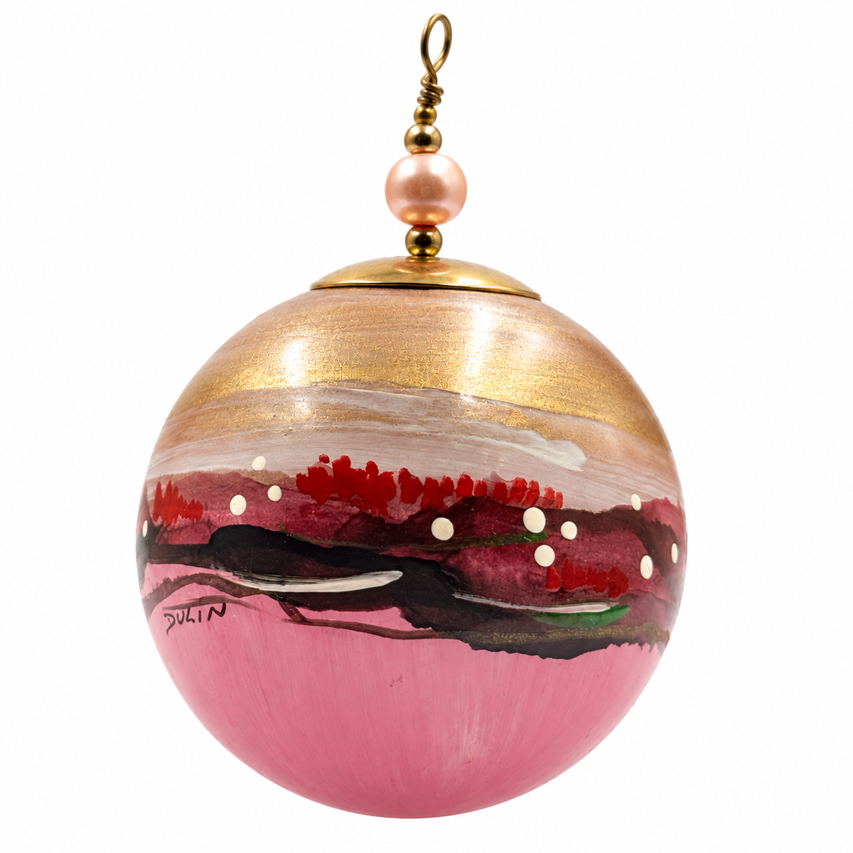 Boule de Noël en porcelaine avec perles 5 cm, décor abstrait rose, bordeaux et or, référence 16, vue 2