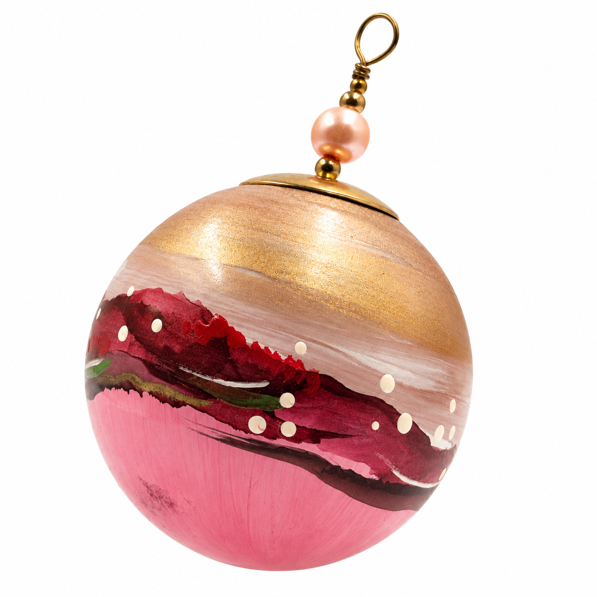 Boule de Noël en porcelaine avec perles 5 cm, décor abstrait rose, bordeaux et or, référence 16, vue 3