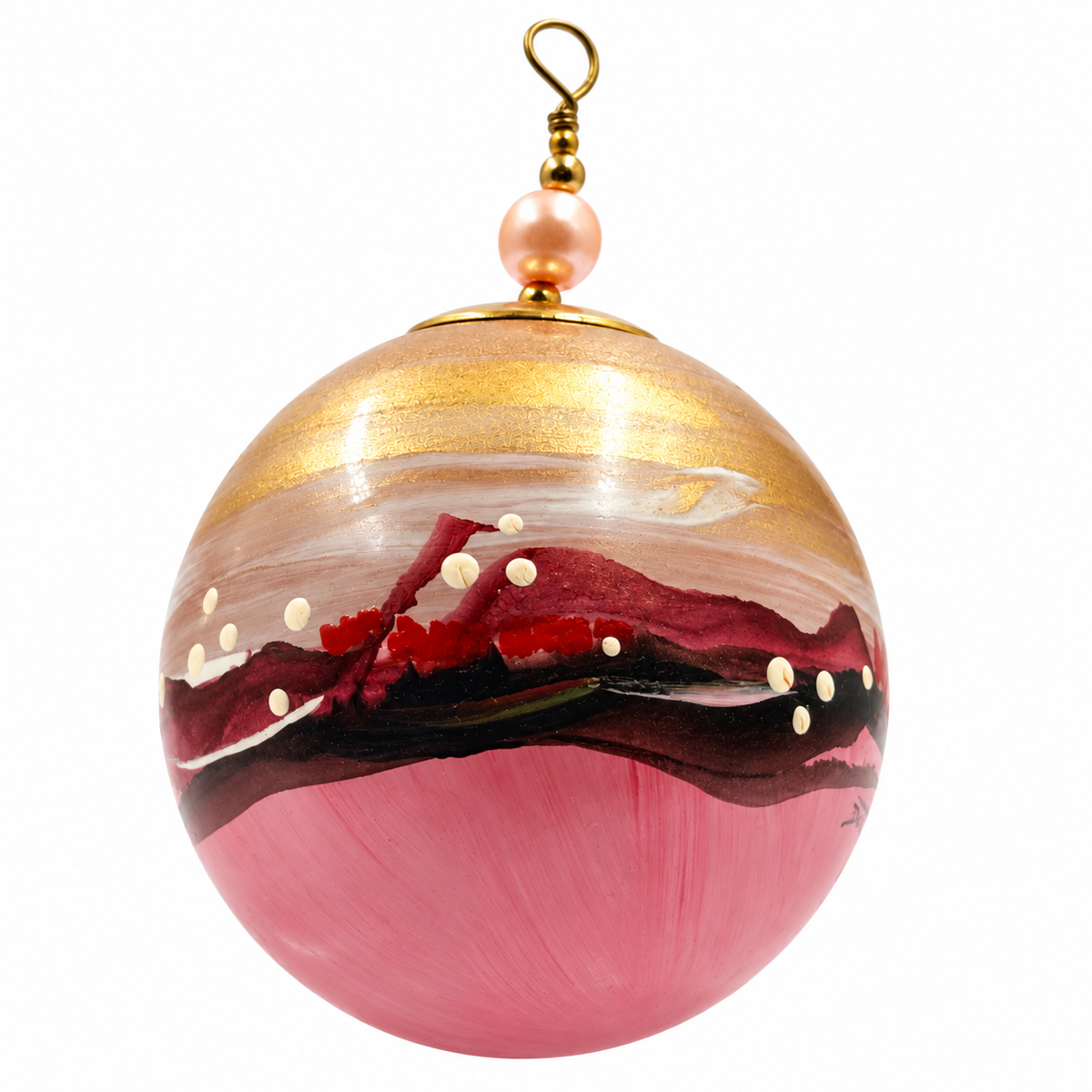 Boule de Noël en porcelaine avec perles 5 cm, décor abstrait rose, bordeaux et or, référence 16, vue 4