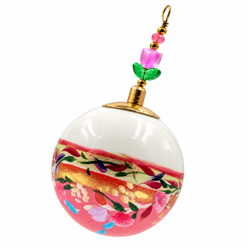 Boule de Noël en porcelaine avec perles 5 cm, fleurs roses et touches turquoise, référence 17, vue 2