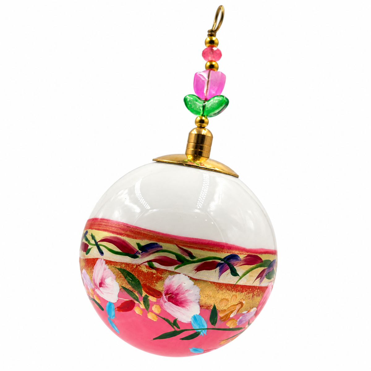 Boule de Noël en porcelaine avec perles 5 cm, fleurs roses et touches turquoise, référence 17, vue 4