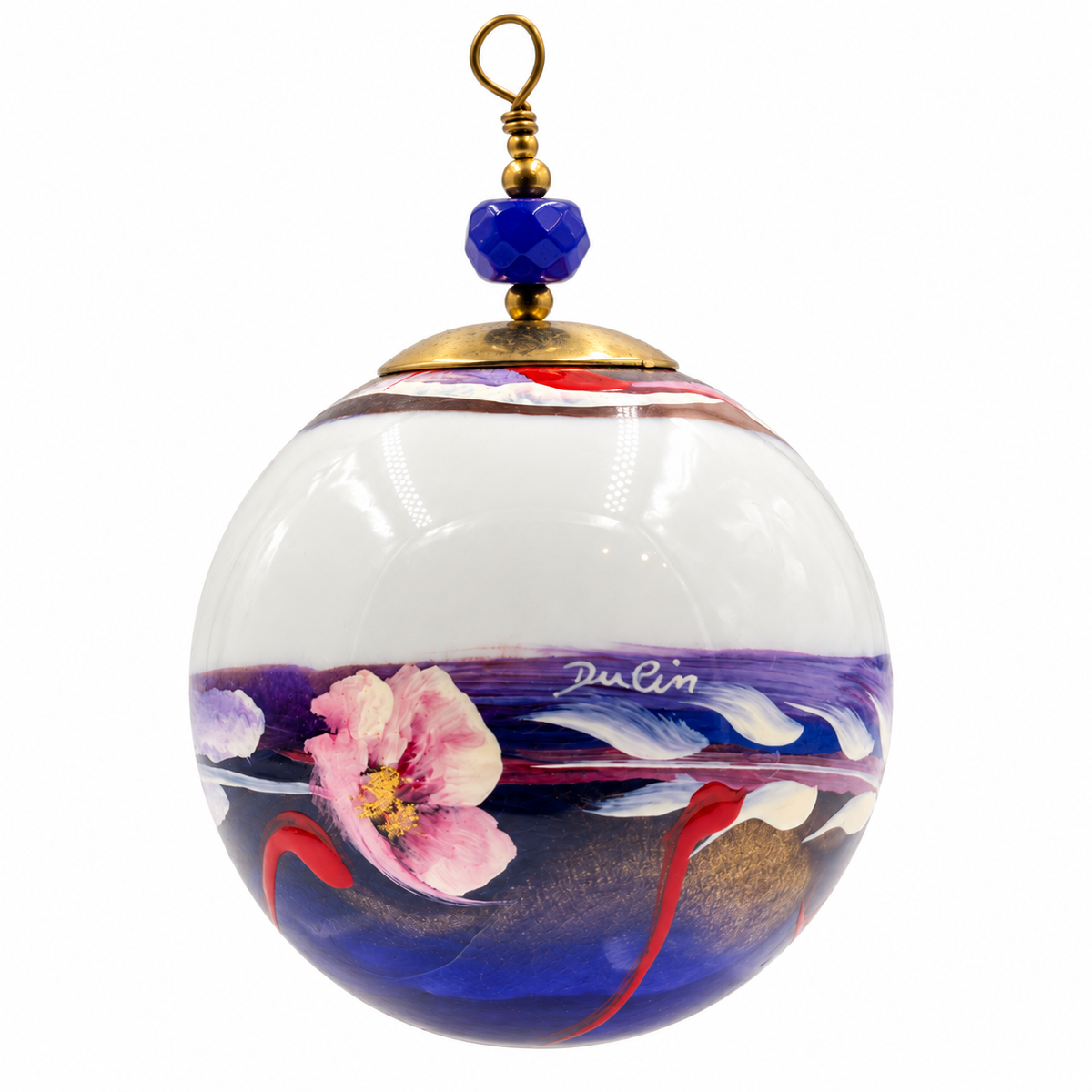 Boule de Noël en porcelaine avec perles 5 cm, fleurs roses et arabesques bleues, référence 18, vue 2