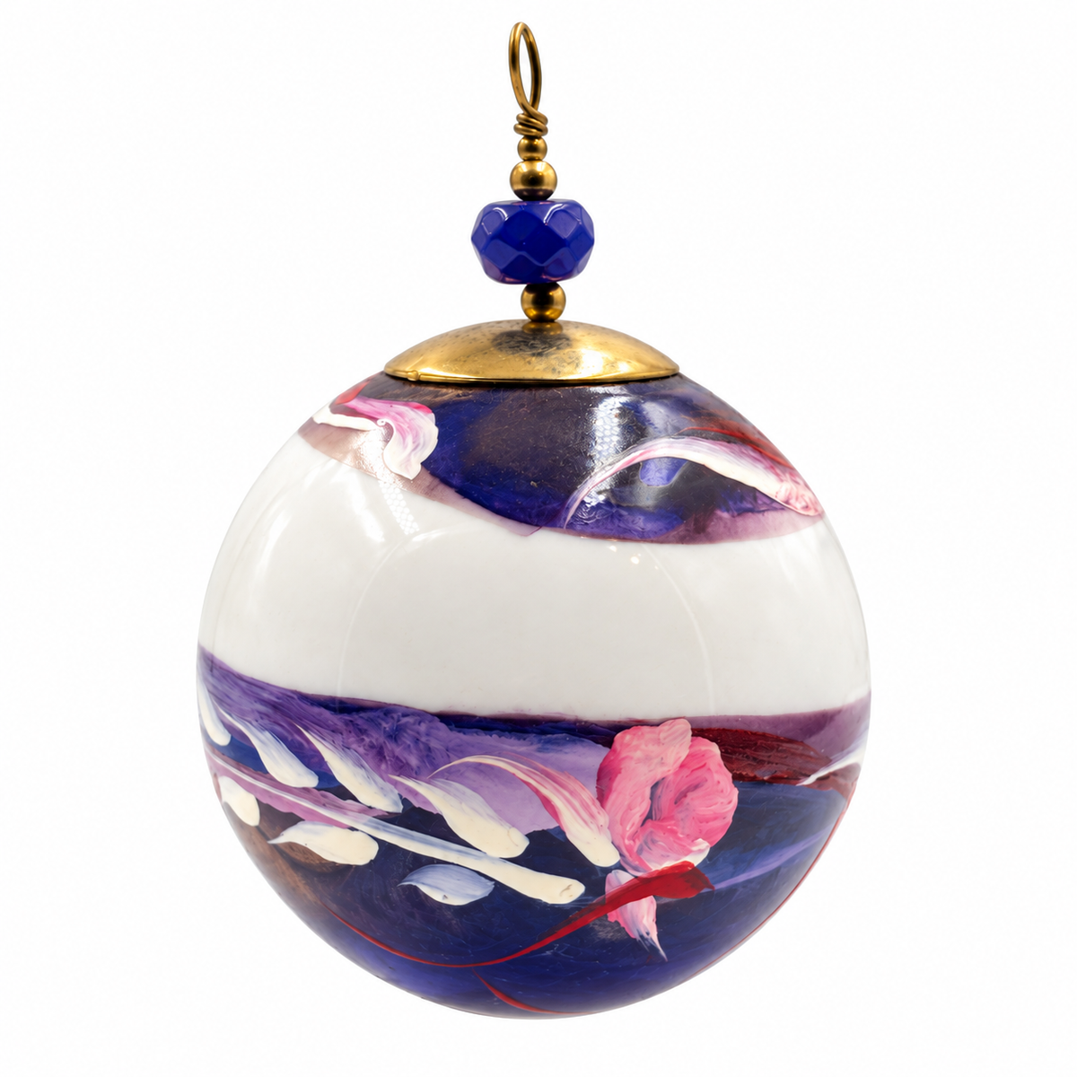 Boule de Noël en porcelaine avec perles 5 cm, fleurs roses et arabesques bleues, référence 18, vue 3