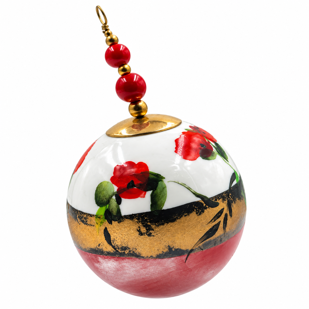 Boule de Noël en porcelaine avec perles 5 cm, coquelicots rouges et bande dorée, référence 19, vue 2