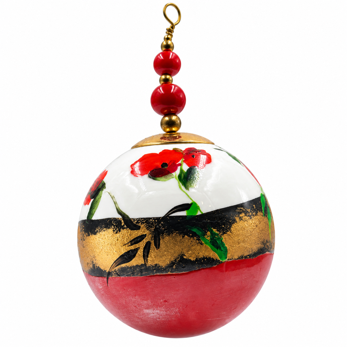 Boule de Noël en porcelaine avec perles 5 cm, coquelicots rouges et bande dorée, référence 19, vue 3