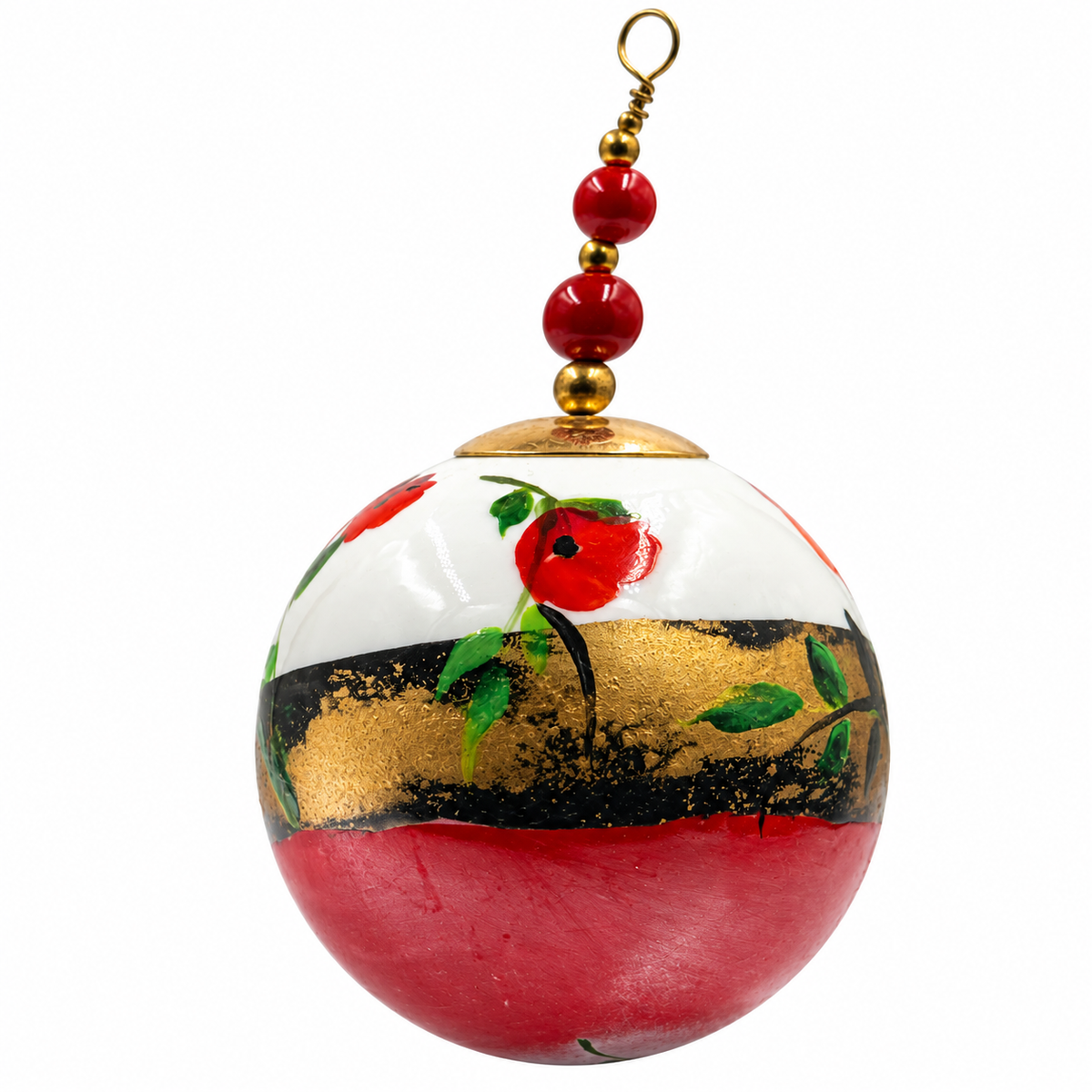 Boule de Noël en porcelaine avec perles 5 cm, coquelicots rouges et bande dorée, référence 19, vue 4