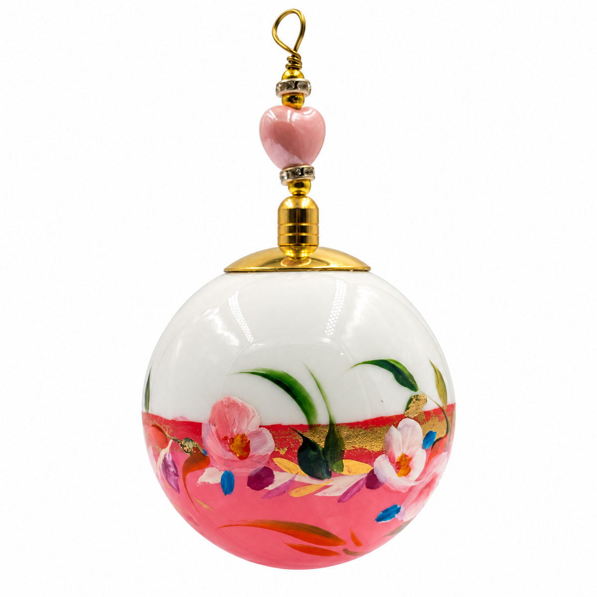 Boule de Noël en porcelaine avec perles 5 cm, fleurs roses et blanches sur corail, référence 20, vue 1
