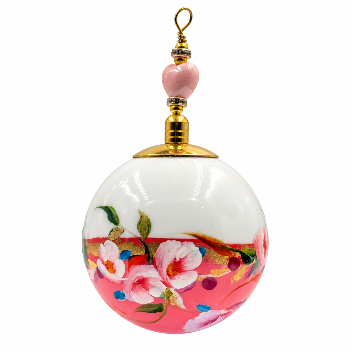 Boule de Noël en porcelaine avec perles 5 cm, fleurs roses et blanches sur corail, référence 20, vue 2