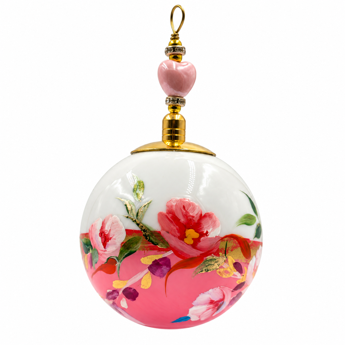 Boule de Noël en porcelaine avec perles 5 cm, fleurs roses et blanches sur corail, référence 20, vue 3