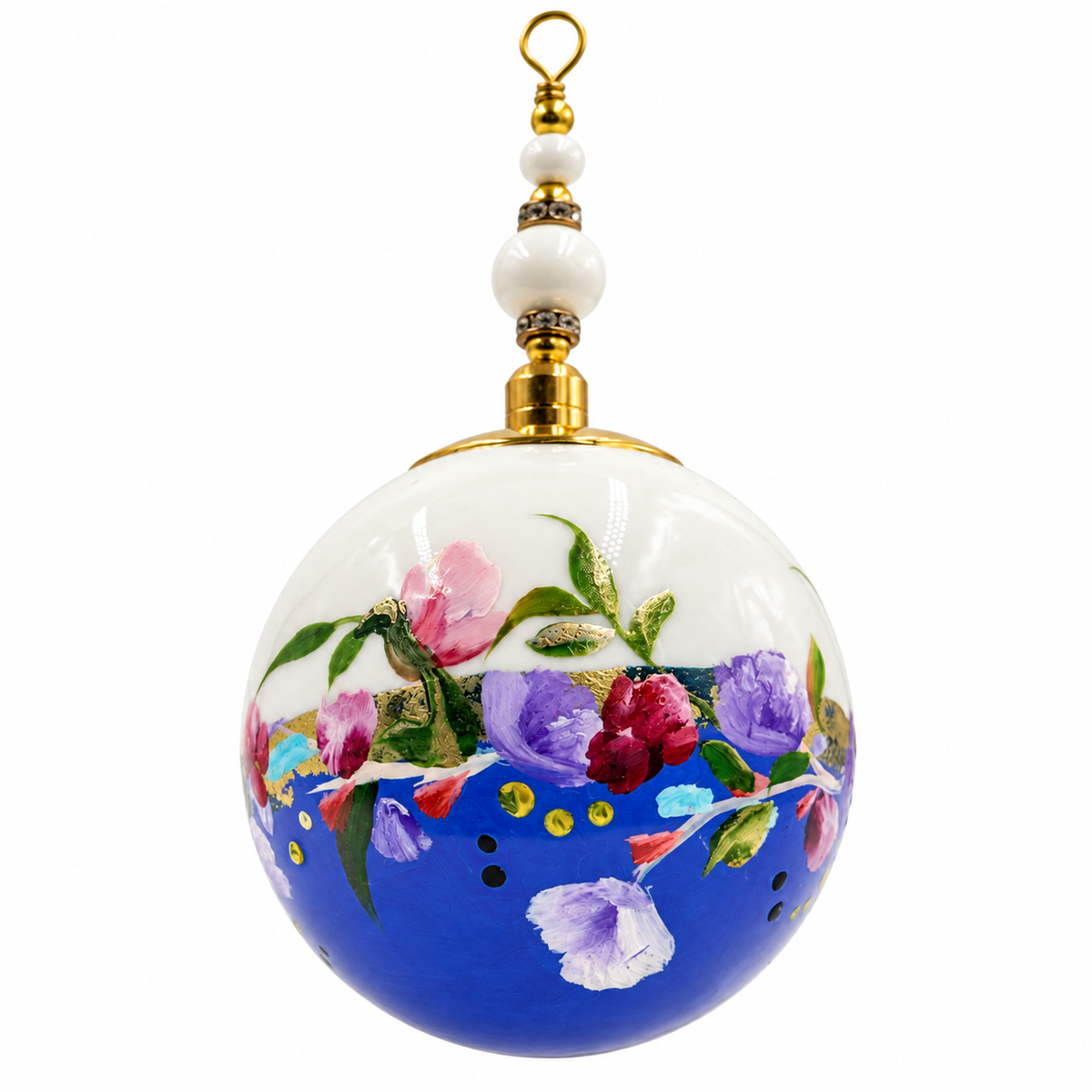 Boule de Noël en porcelaine avec perles 5 cm, bouquet violet et rose sur bleu, référence 21, vue 2