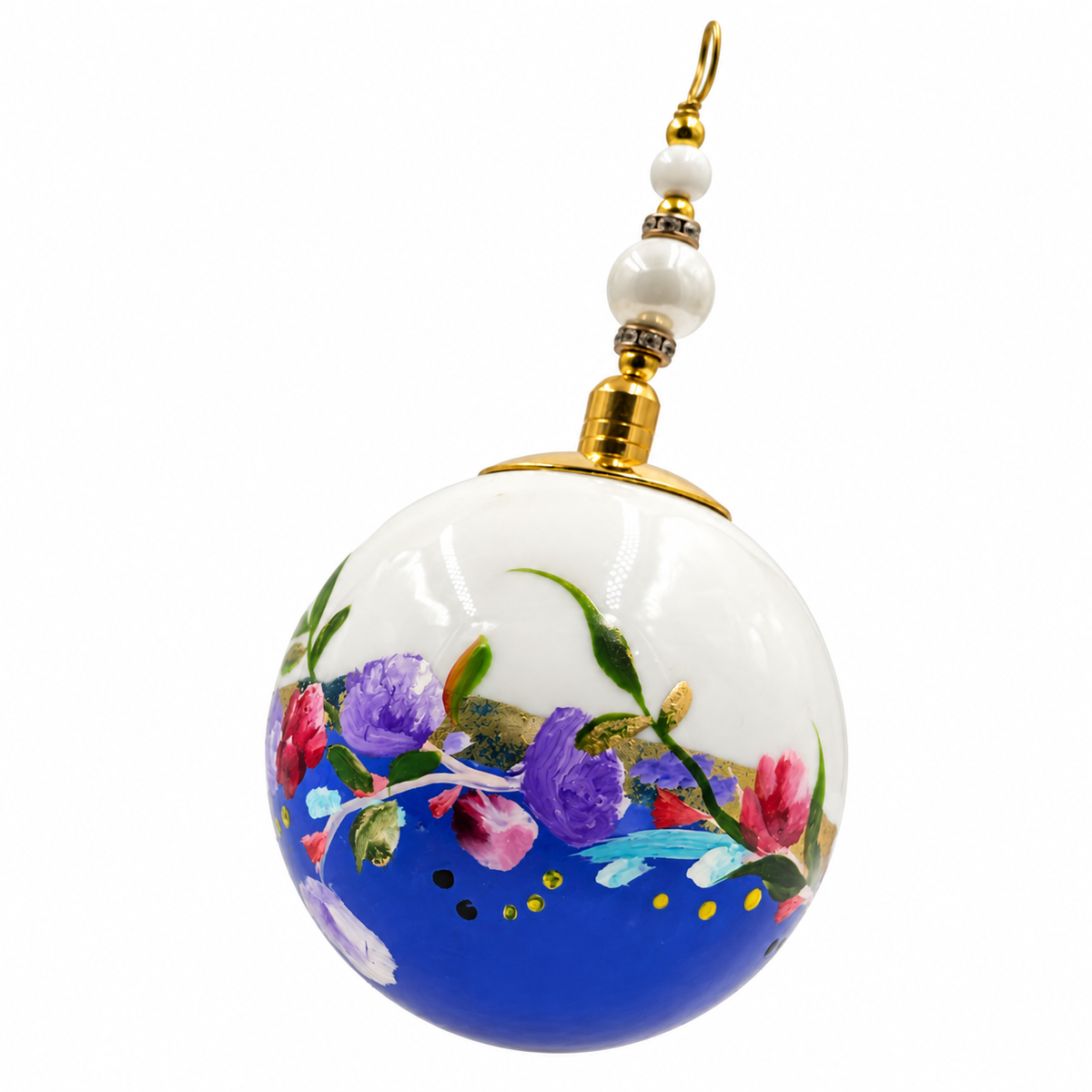 Boule de Noël en porcelaine avec perles 5 cm, bouquet violet et rose sur bleu, référence 21, vue 3