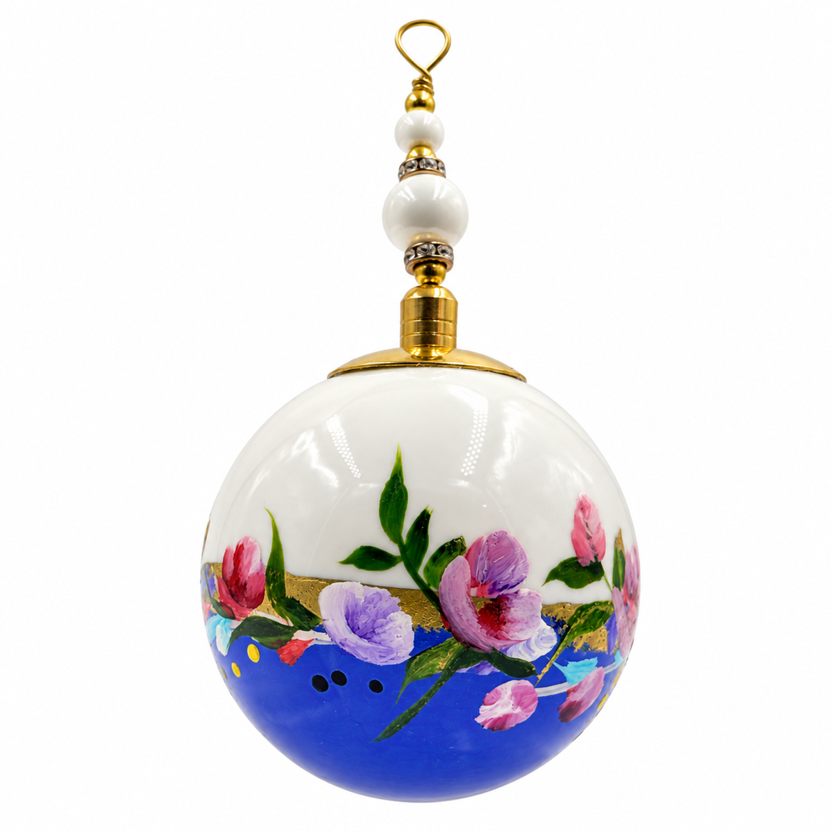 Boule de Noël en porcelaine avec perles 5 cm, bouquet violet et rose sur bleu, référence 21, vue 4