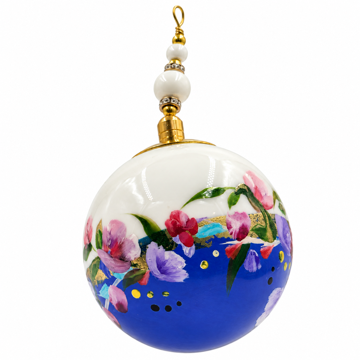 Boule de Noël en porcelaine avec perles 5 cm, bouquet violet et rose sur bleu, référence 21, vue 5