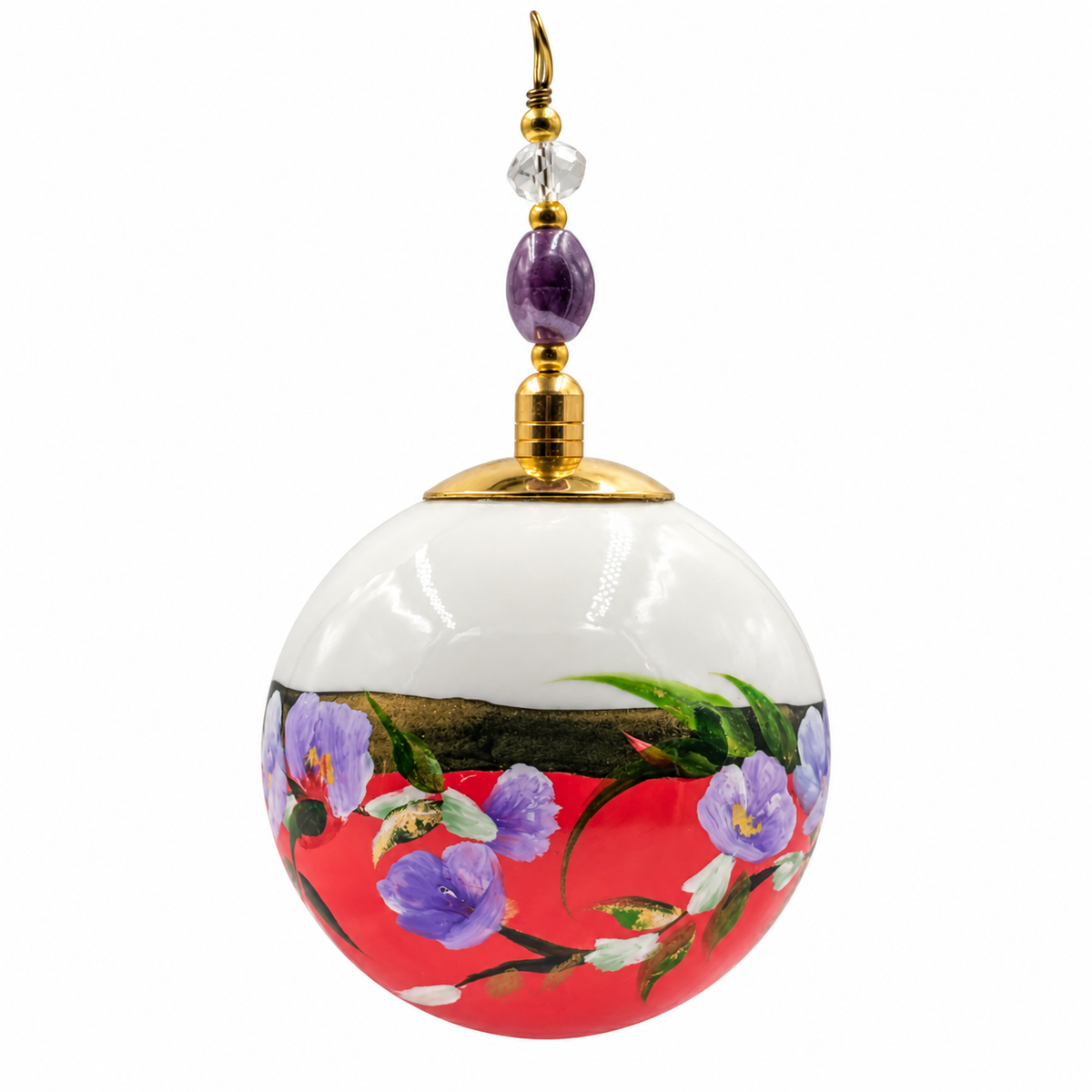 Boule de Noël avec perles 5 cm – Fleurs violettes sur corail – Réf. 22