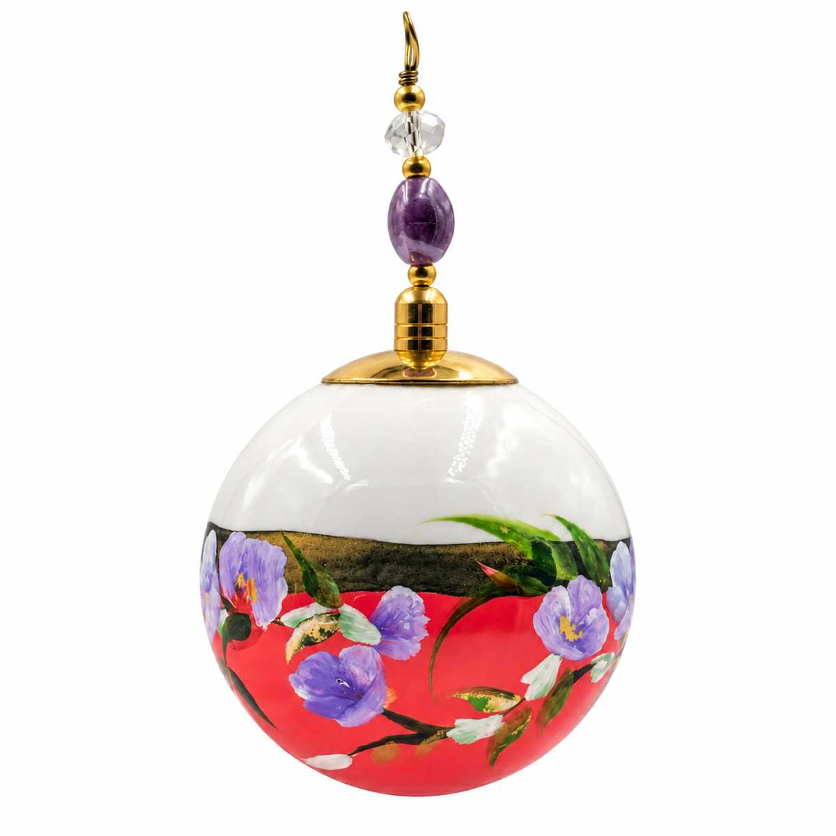 Boule de Noël en porcelaine avec perles 5 cm, fleurs violettes sur corail, référence 22, vue 2