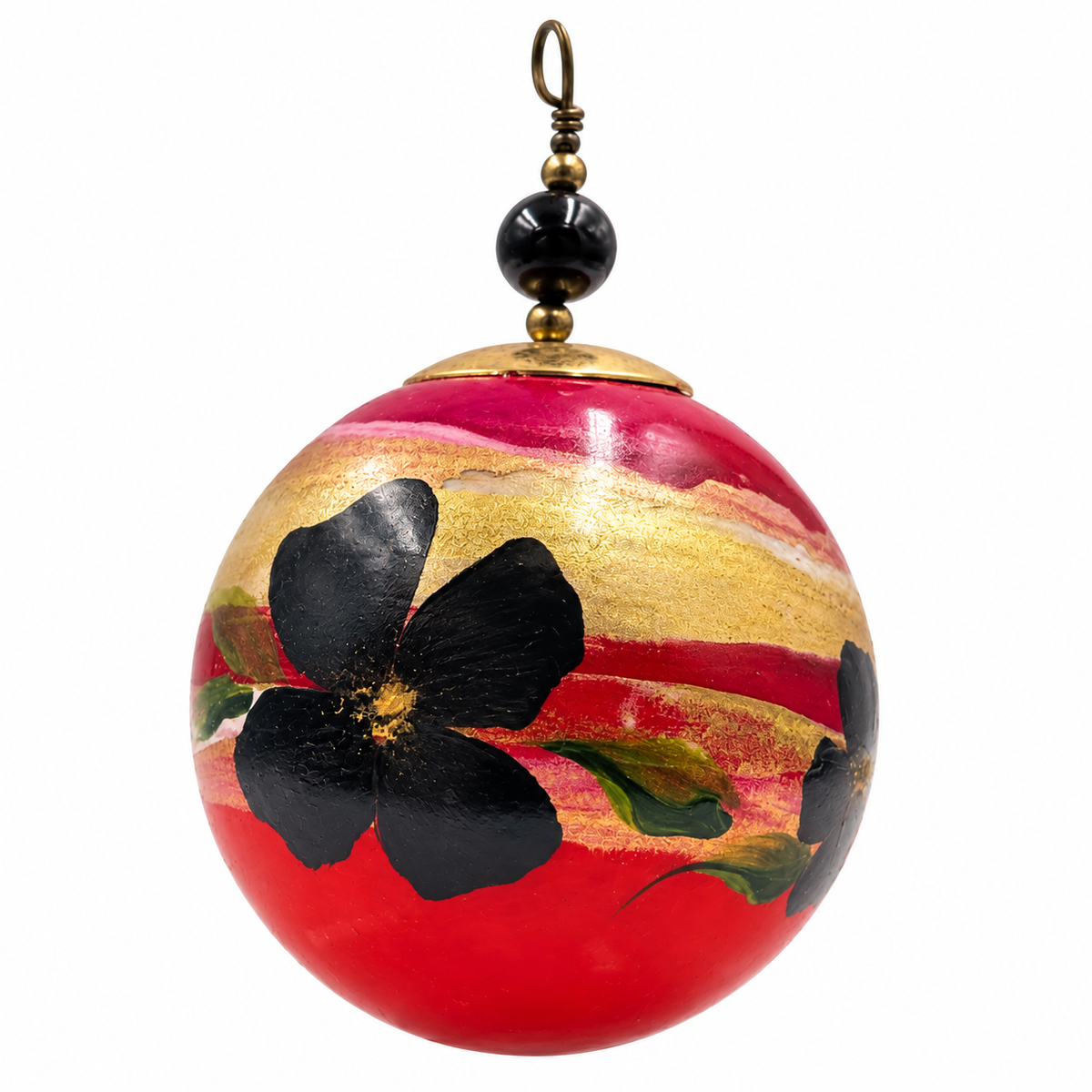 Boule de Noël en porcelaine avec perles 5 cm, fleurs noires sur rouge et or, référence 23, vue 2