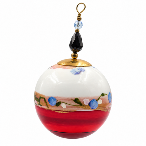 Boule de Noël en porcelaine avec perles 5 cm, petites fleurs bleues et rouge, référence 24, vue 1