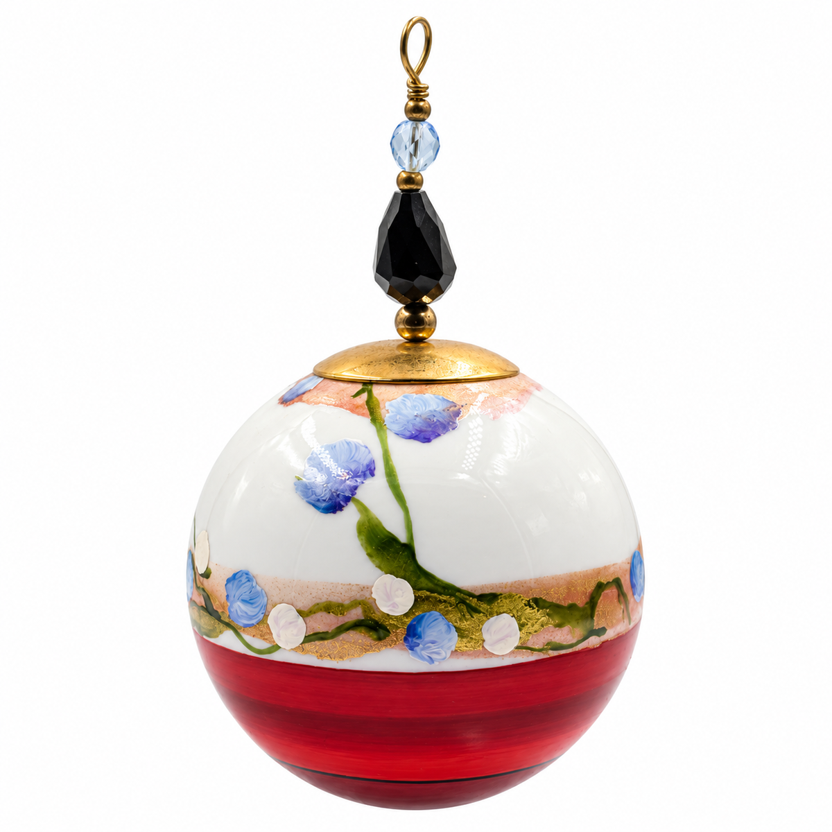 Boule de Noël en porcelaine avec perles 5 cm, petites fleurs bleues et rouge, référence 24, vue 2