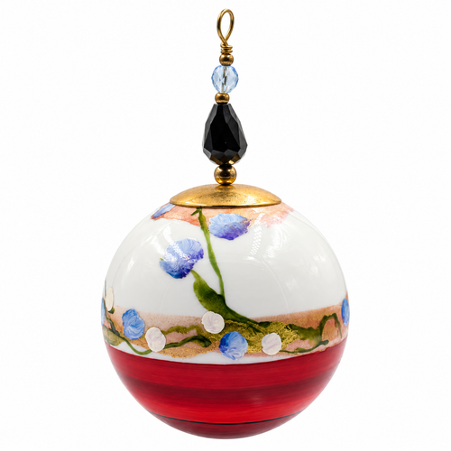 Boule de Noël en porcelaine avec perles 5 cm, petites fleurs bleues et rouge, référence 24, vue 2