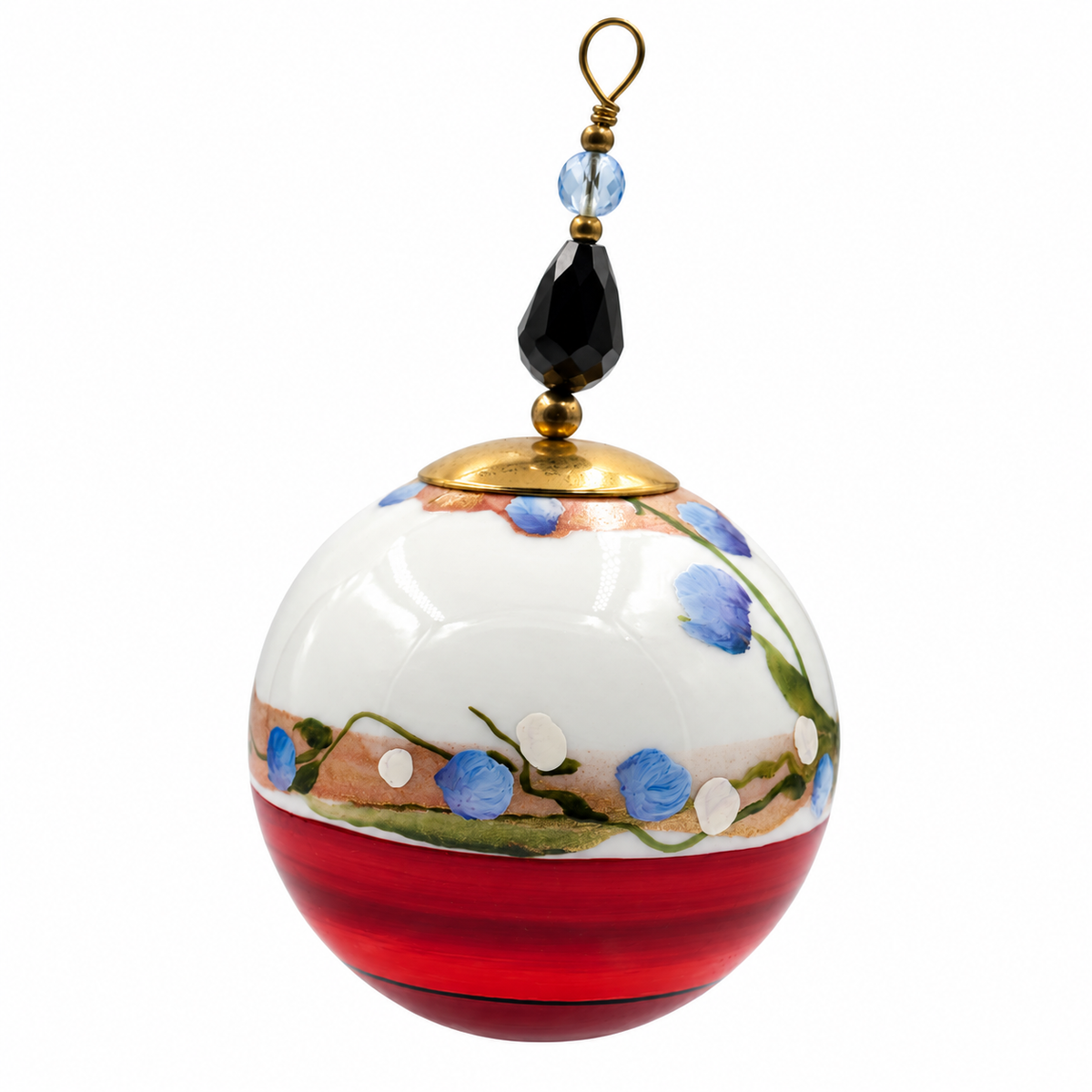 Boule de Noël en porcelaine avec perles 5 cm, petites fleurs bleues et rouge, référence 24, vue 3