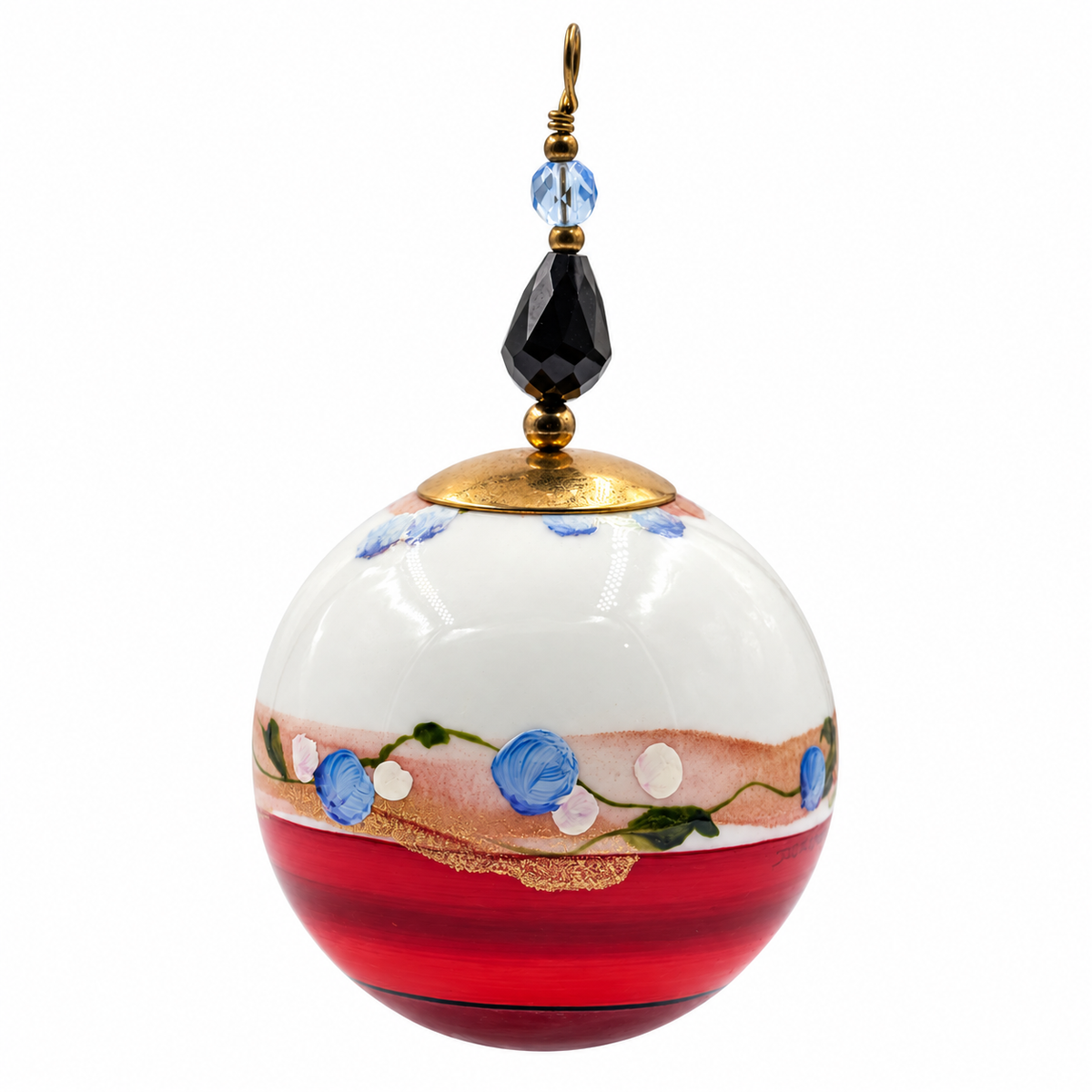 Boule de Noël en porcelaine avec perles 5 cm, petites fleurs bleues et rouge, référence 24, vue 4