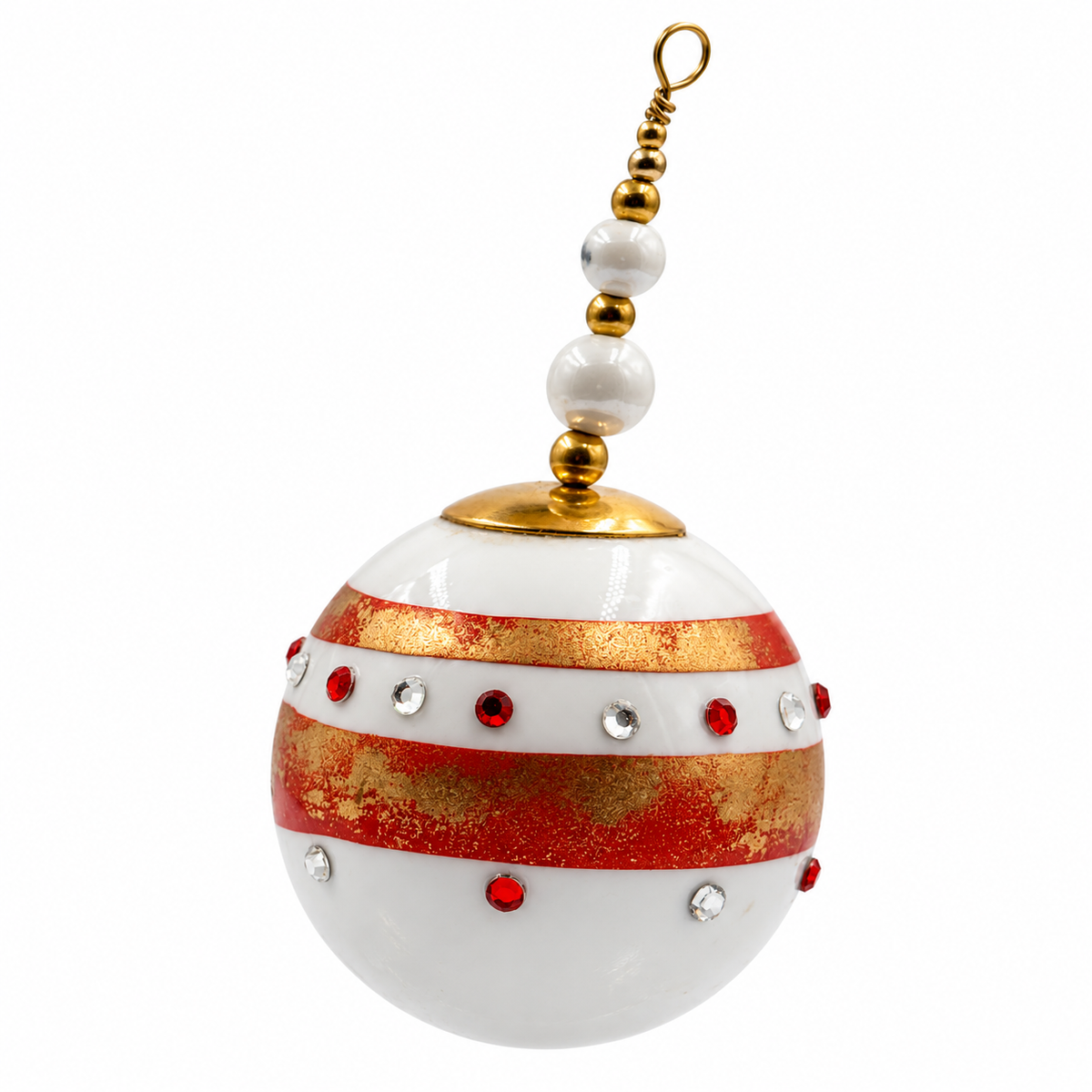 Boule de Noël en porcelaine avec perles 5 cm, rouge, blanc, dorures et strass, référence 25, vue 1