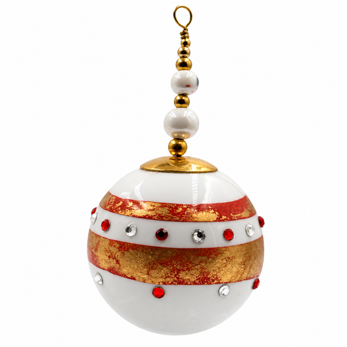 Boule de Noël en porcelaine avec perles 5 cm, rouge, blanc, dorures et strass, référence 25, vue 2