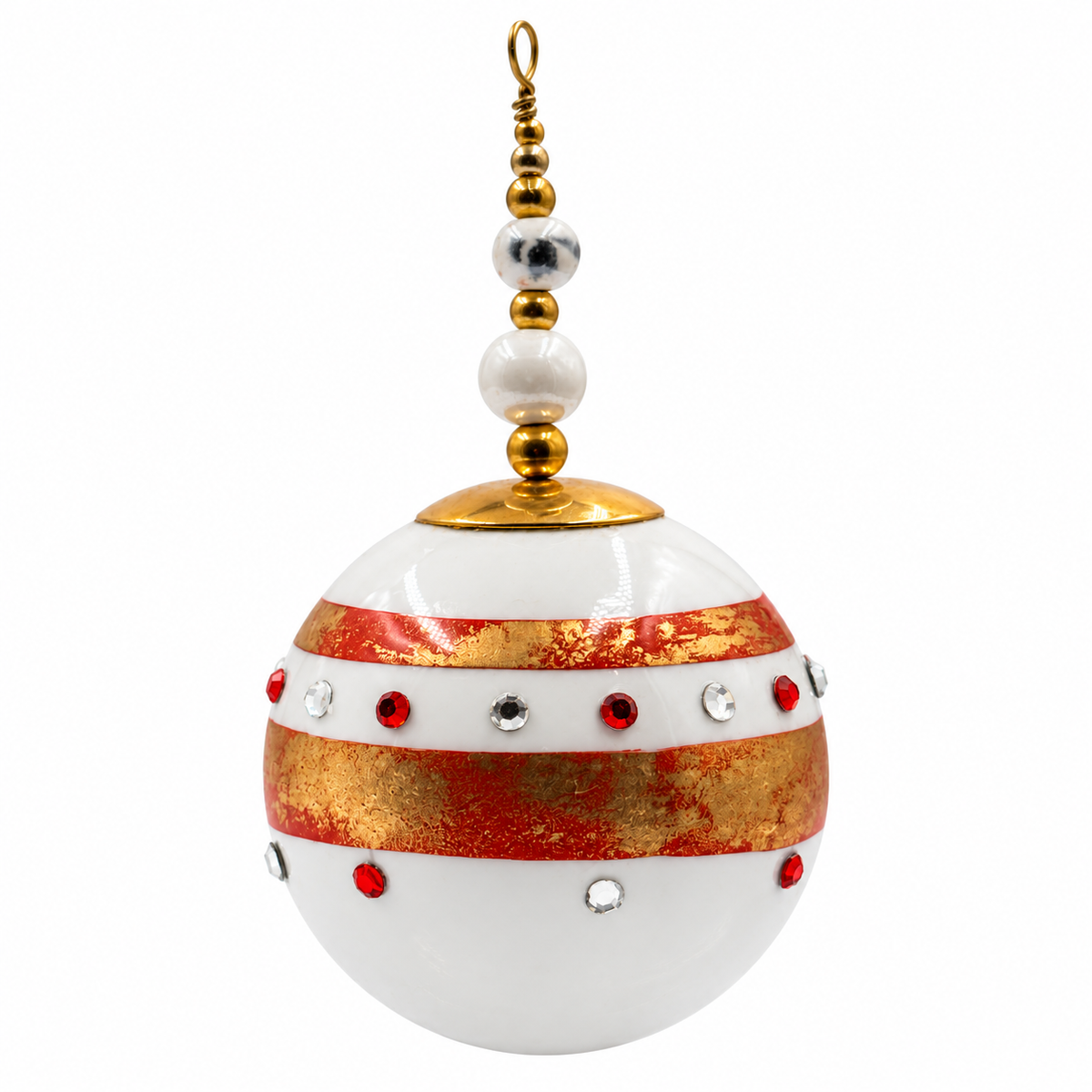 Boule de Noël en porcelaine avec perles 5 cm, rouge, blanc, dorures et strass, référence 25, vue 4