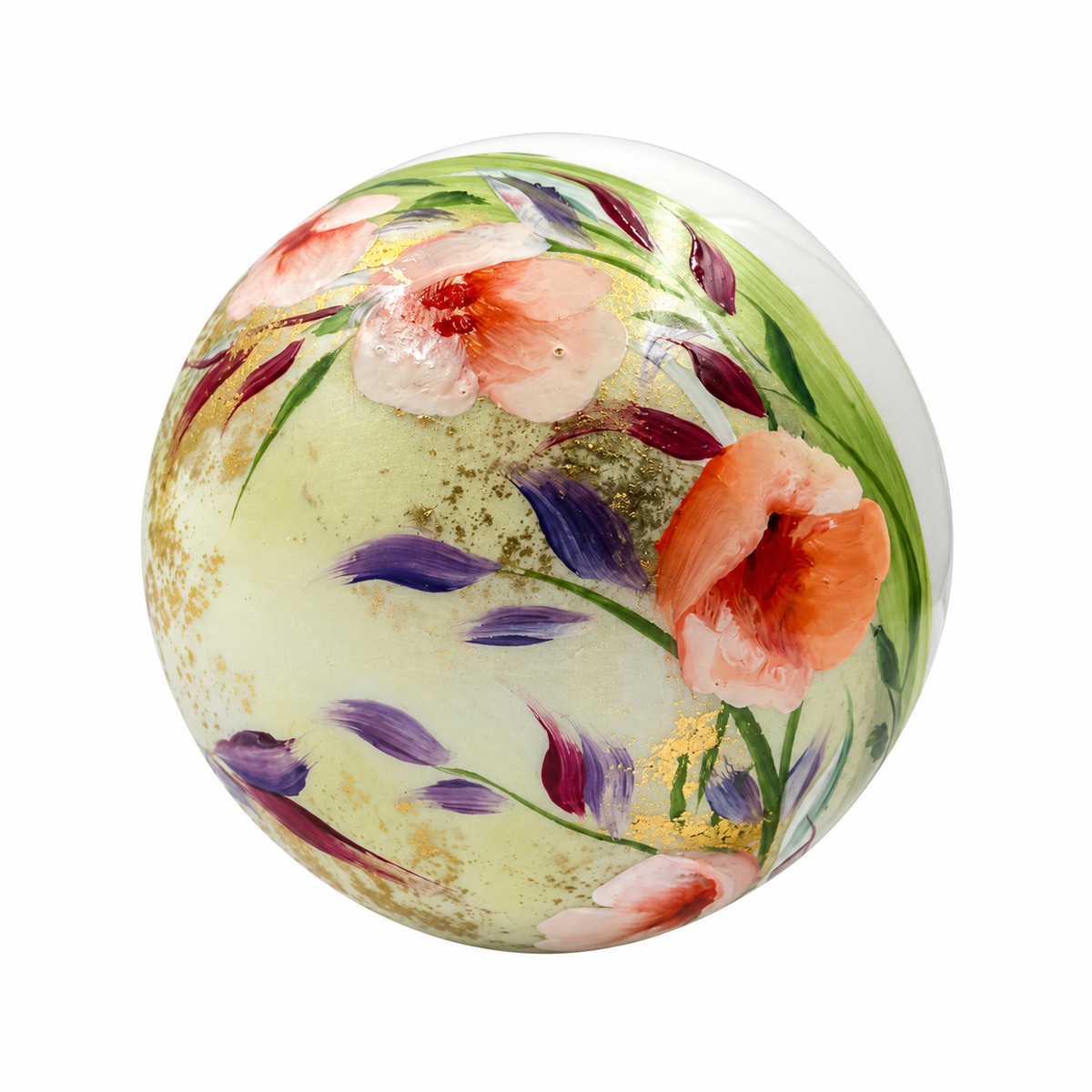 Boule de Noël artisanale personnalisable 6,5 cm, référence 12, vue 4 — Fleurs roses et feuillage sur vert tendre