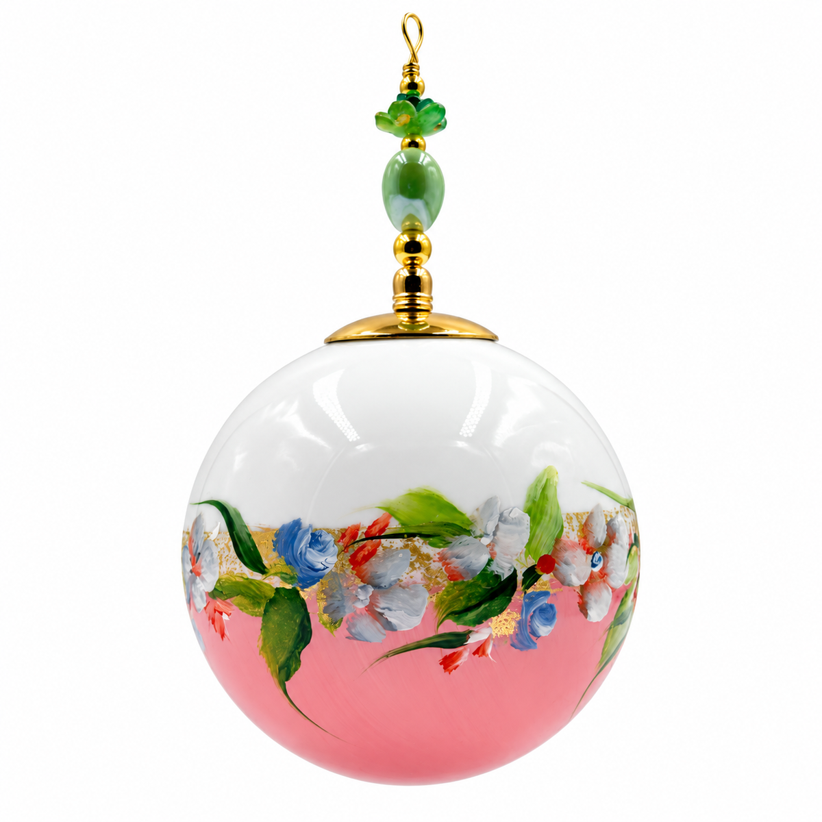 Boule de Noël artisanale personnalisable 6,5 cm, référence 13, vue 2 — Fleurs blanches et bleues sur rose