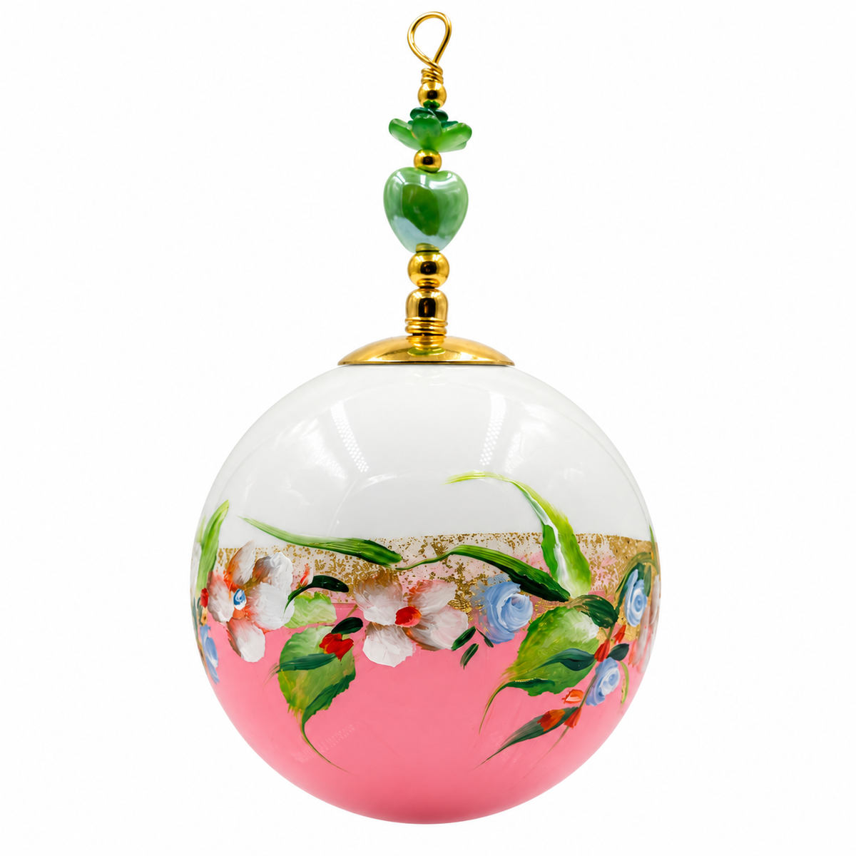 Boule de Noël artisanale personnalisable 6,5 cm, référence 13, vue 3 — Fleurs blanches et bleues sur rose