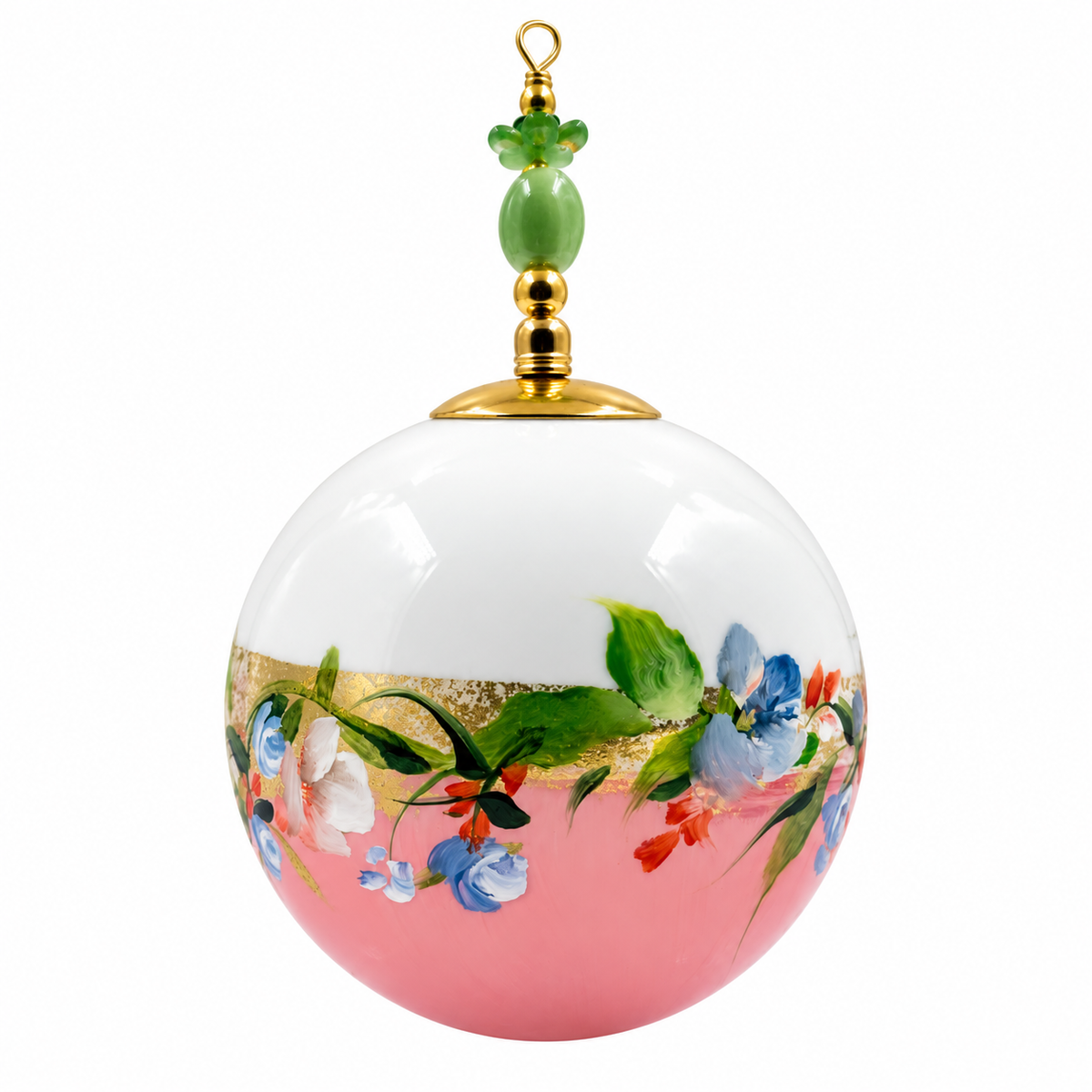 Boule de Noël artisanale personnalisable 6,5 cm, référence 13, vue 4 — Fleurs blanches et bleues sur rose