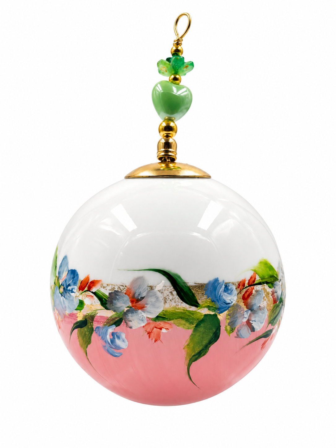 Boule de Noël avec perles 6,5 cm – Réf. 13 – Fleurs blanches et bleues sur rose