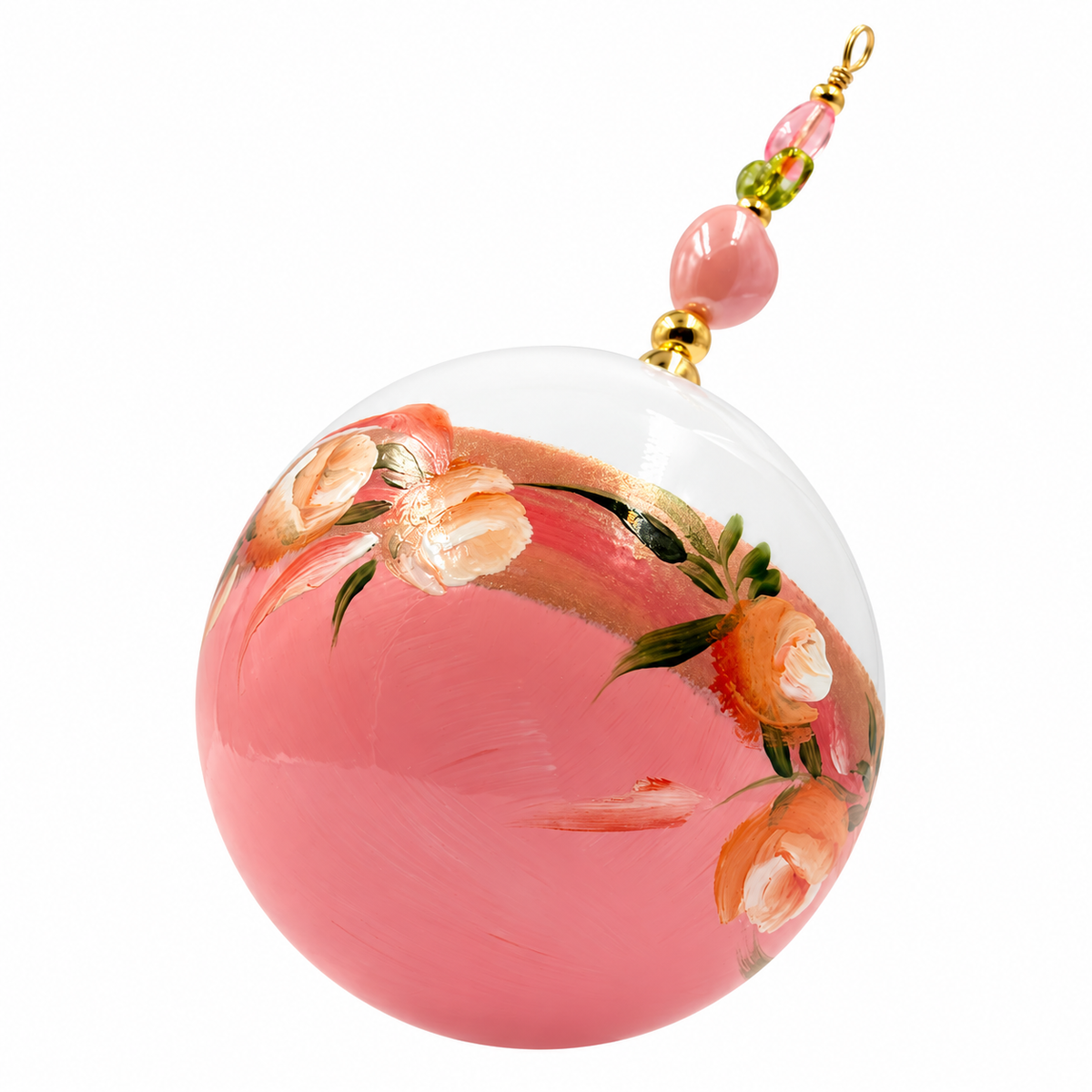 Boule de Noël artisanale personnalisable 6,5 cm – Réf. 17 – Fleurs crème sur rose – Vue 1